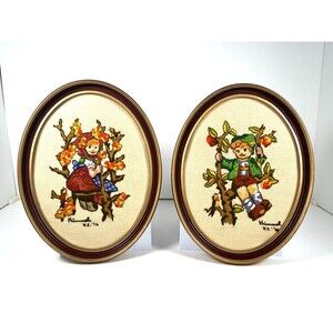 Vtg 1970s Cottage Core Rustic Knitted Framed Wall Art Hummel Figures Handmade